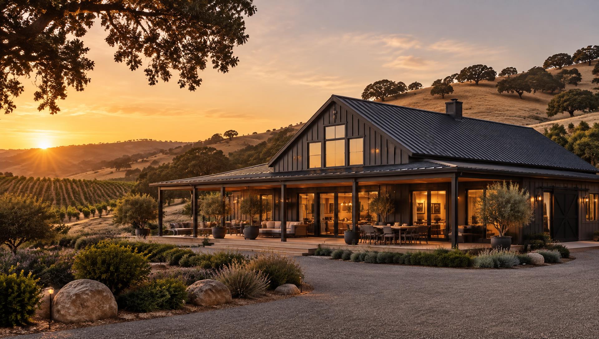 Dark metal barndominium with a wide porch among oak-covered hills at sunset